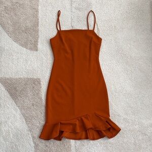 Blue Blush Rust-Orange Spaghetti Strap Ruffle Hem Mini Bodycon Dress
